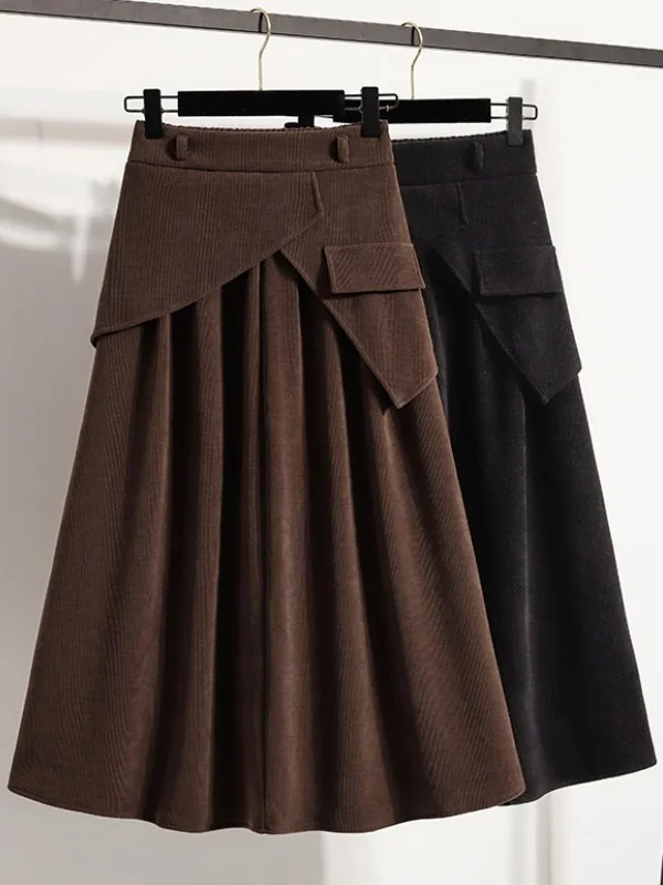 

Шикарная вязаная коричневая юбка миди для женщин, весенняя коллекция, большие размеры, плиссированная юбка А-силуэта, универсальная, с высокой талией