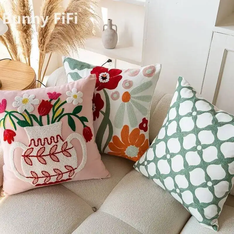 Embroidered Spring Summer Flower Cluster Cushion Covers Boho Aesthetic Design Decorative Throw Pillow Cover For Sofa Bed Decor