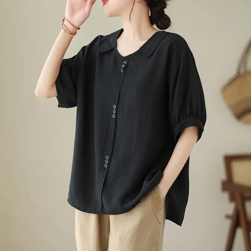 Women Summer Simplicity Loose Large Size Elegant Cotton and Linen Short Sleeve T-Shirt Women Clothes Casual Appear Thin Top Tee