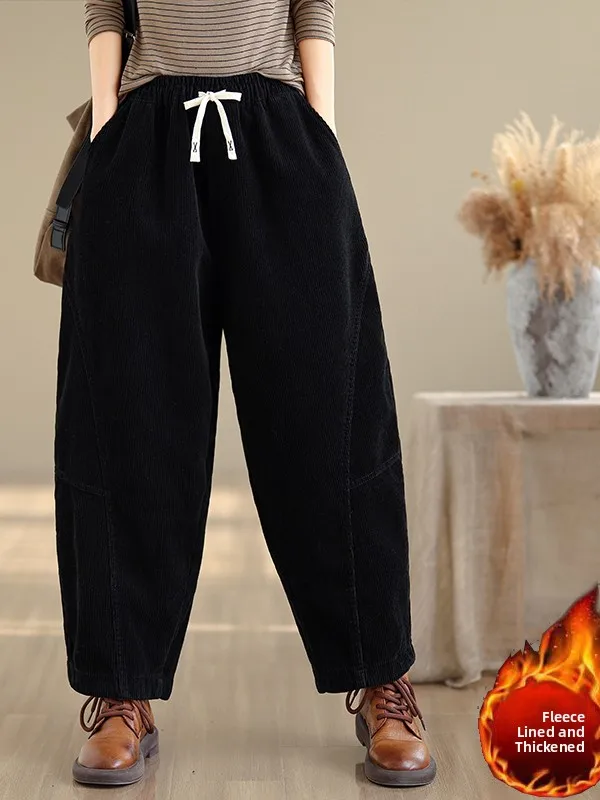 Fce doublé Thi velours côtelé papa pantalon femmes hiver chaud grande taille ample rayé décontracté Harlan pantalon confortable coupe ample