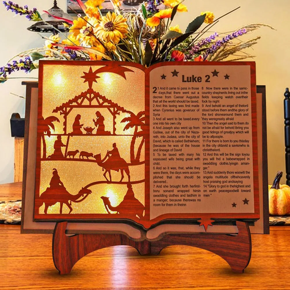 Wooden Bible Craft Ornament With Light 3D Nativity Scene Craft Display Wooden Christmas For Home Church Closet Table Decoration