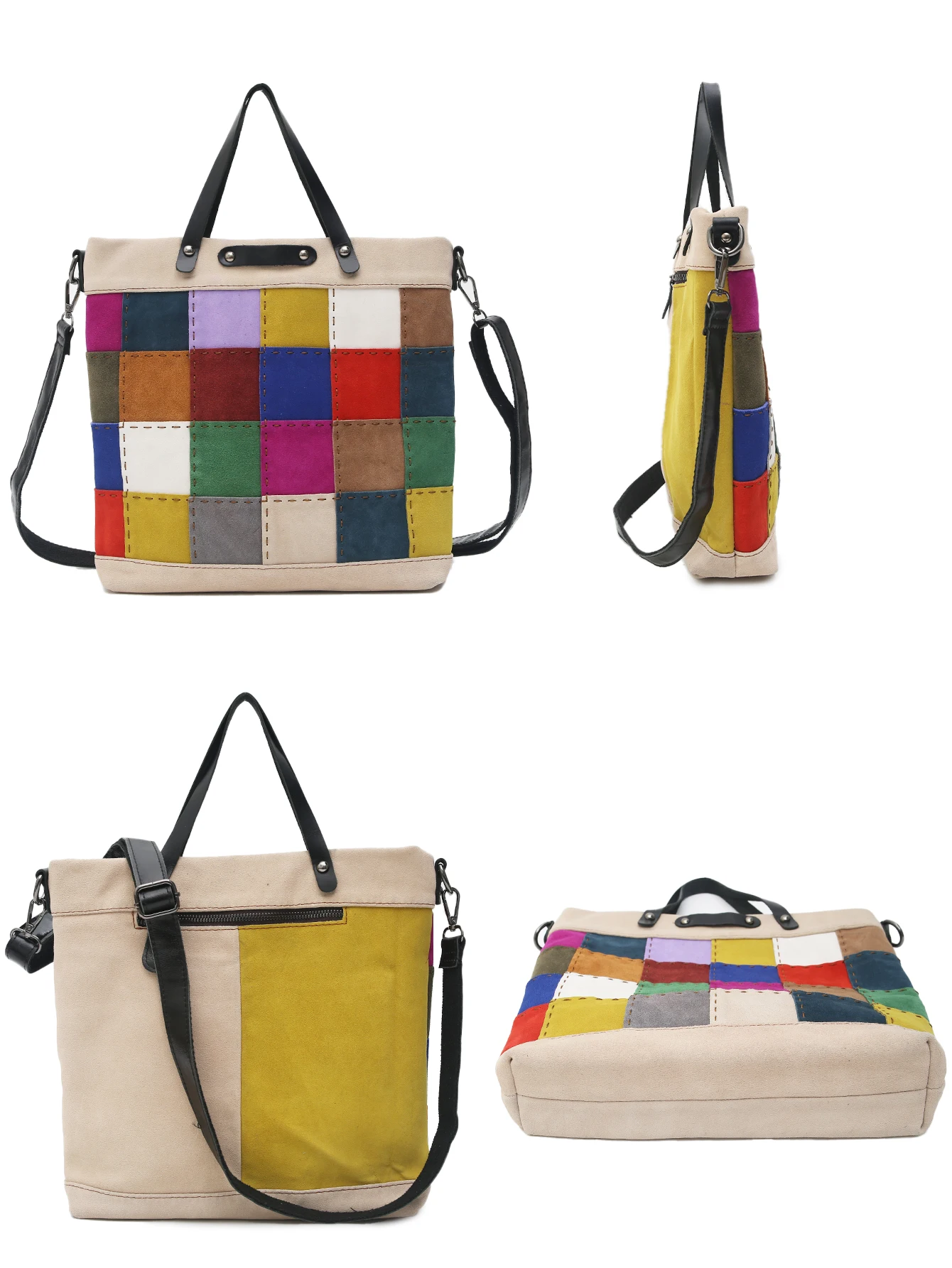 SC Luxury Genuine Suede Leather Tote Women Colorful Plaid Check Large Shoulder Bag Random Patchwork Cross Body Handbags Purses