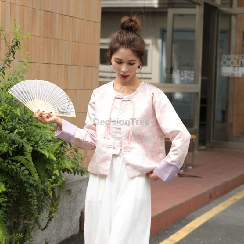 Spring Autumn Chinese-style National Pattern Toggle Jacquard Pink Coat Retro Cardigan Casual Women's Jacket