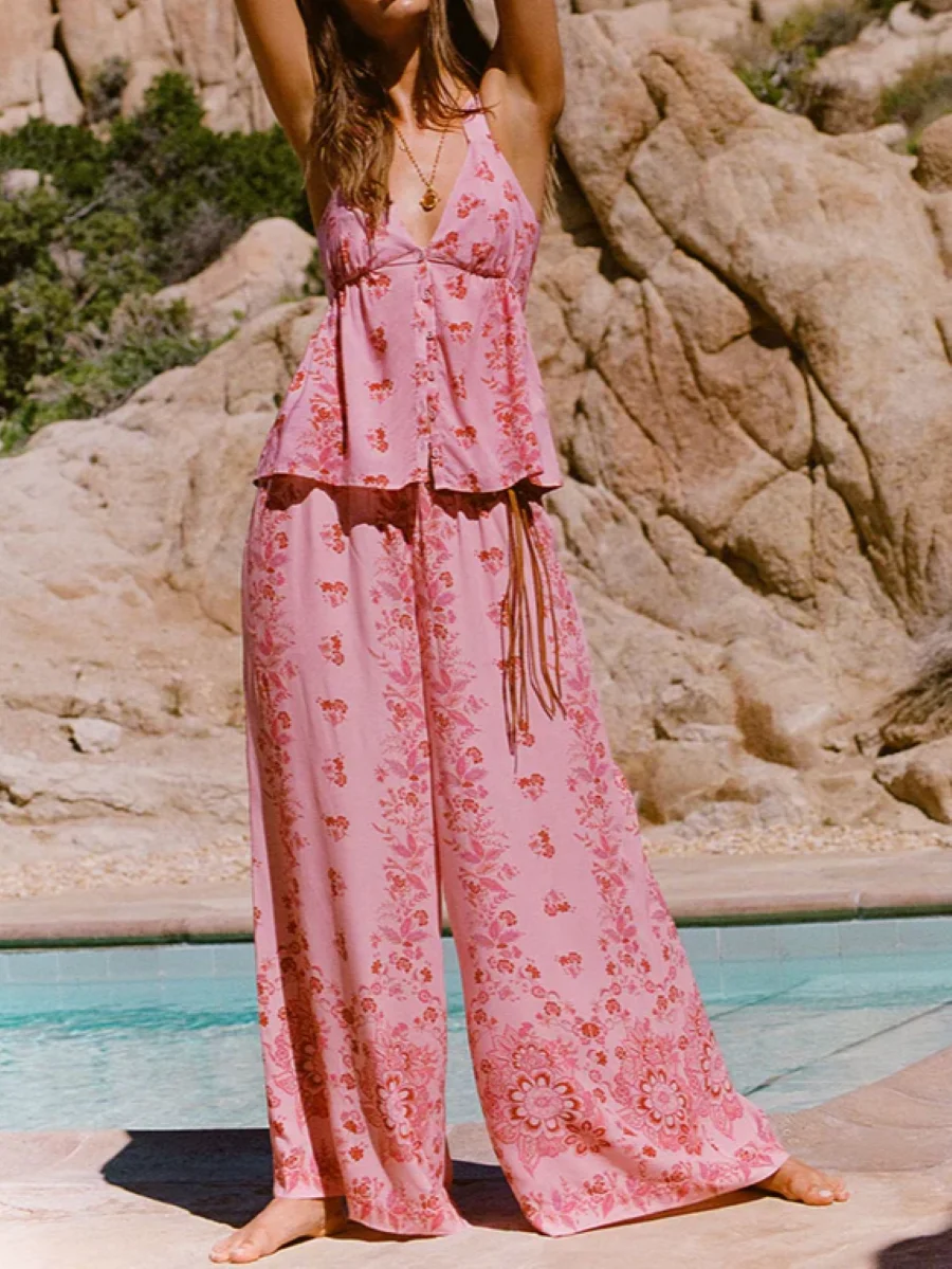 

Женские розовые широкие брюки с цветочным принтом, прямые свободные брюки с эластичной резинкой на талии и завязками