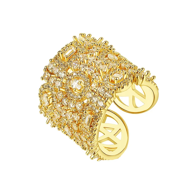 CWWZircons Chunky Cubic Zirconia Paved Shiny Wide Big Dubai Gold Plated Open Cuff Ślubne pierścionki zaręczynowe dla kobiet Jewel J0191