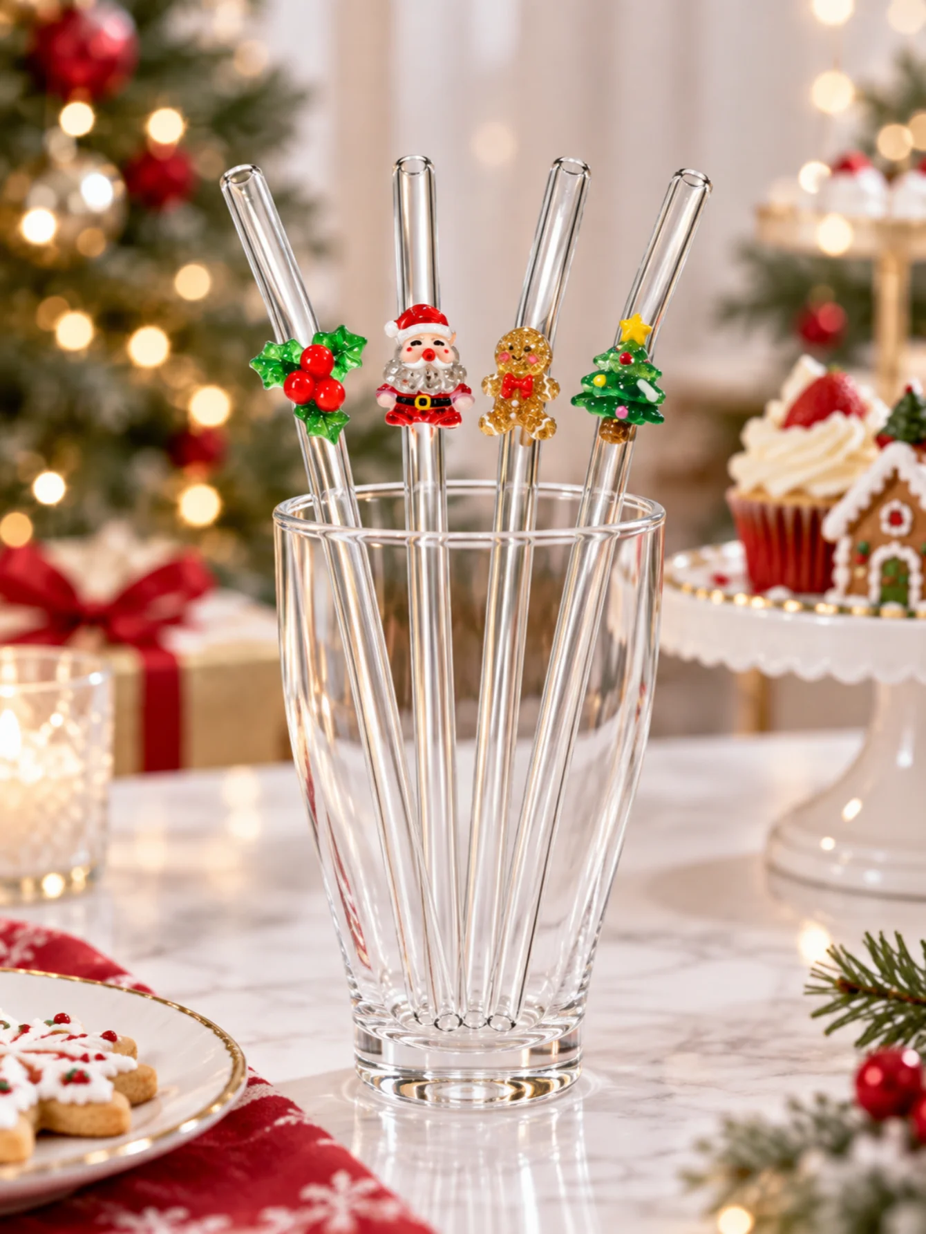 4PCS Christmas Santa Gingerbread Holly Berry Tree Glass Straws Bend Reusable Clear Drinking Straws Coffee Juice Gift Xmas
