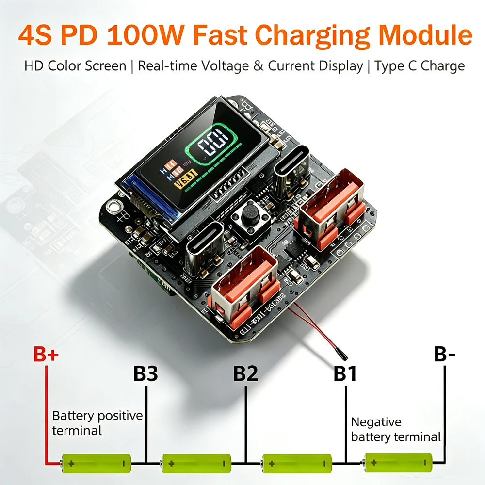 Moduł szybkiego ładowania 4S PD 100W, power bank SW6306 z kolorowym wyświetlaczem i dwukierunkowym obwodem ładowania, zapewniający szybkie ładowanie.