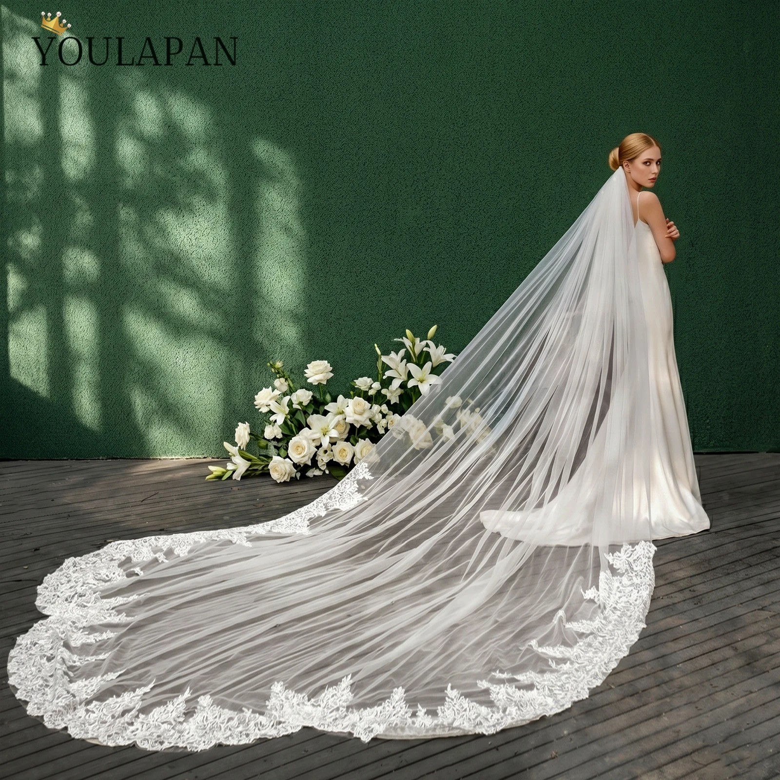 TOPQUEEN Long Bridal Veils with Lace Edge Luxury Long Veils for Brides Embroidered Cathedral Veil with Lace Applique Motifs V92