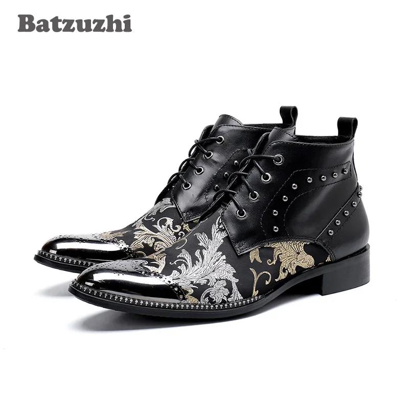 

Batzuzhi Luxury British Style Men Ankle Boots Genuine Leather Motorcycle Cowboy Boots Men Leather Boots Botas Hombre, Big US6-12