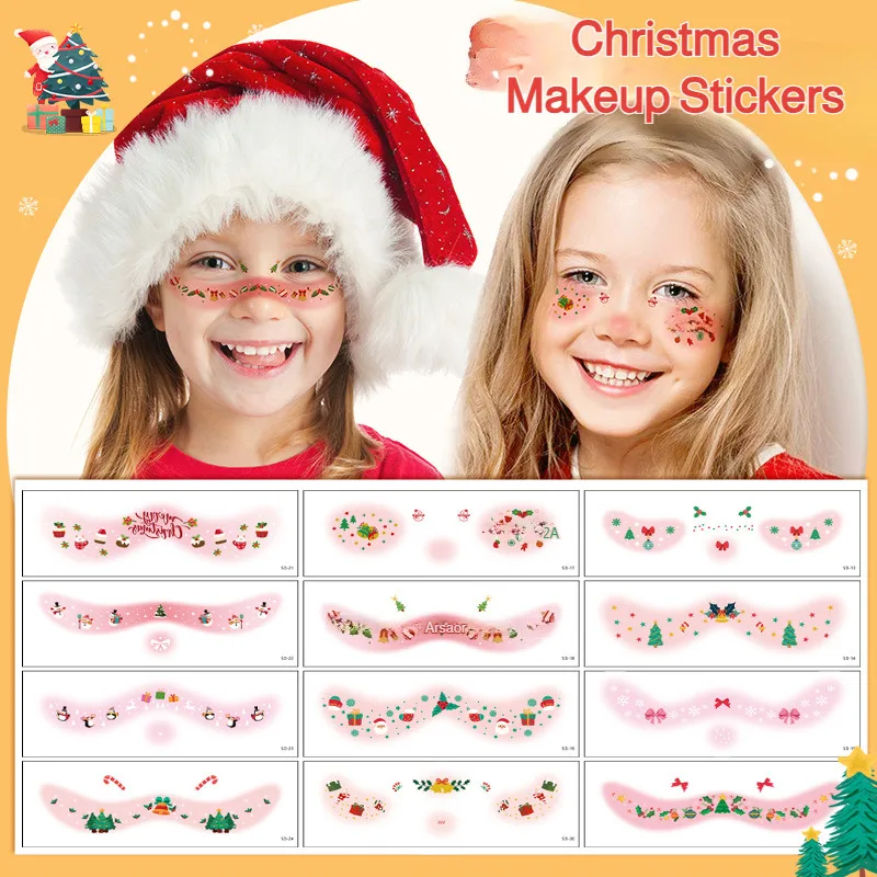 

12 шт./компл., рождественские мультяшные милые лица, временные татуировки, вечерние наклейки для макияжа, подарок для детей