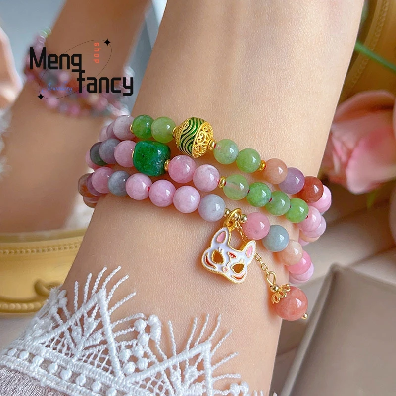 Natural Ancient Three-ring Color Jade Stone Bracelet Female Masquerade Fox Pendant Chinese Style Exquisite Fashion Fine Jewelry