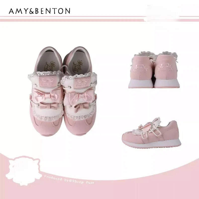 

Japanese College Style Thick-Soled Sneakers Original Lolita Cute Round-Toe Running Shoes Bowknot Patchwork Casual Sneakers Women