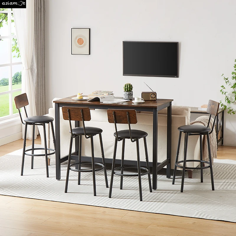 Bar Table Set with 4 Bar stools PU Soft seat with backrest, Rustic Brown, 47.24'' L x 23.62'' W x 35.43'' H