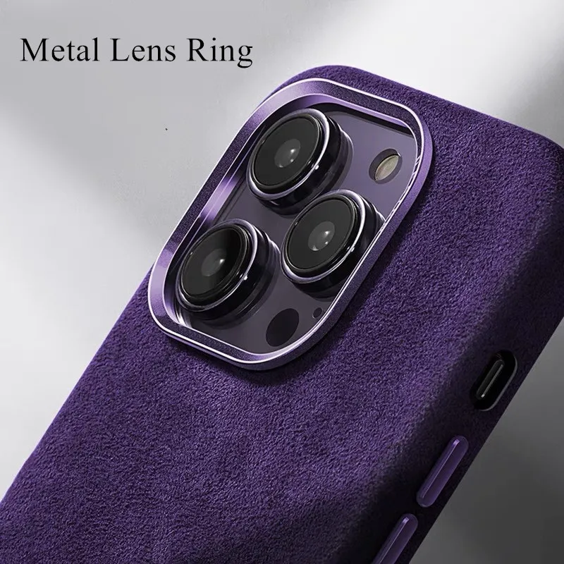 Deep Purple Alcantara Metal Camera Lens Protection Case for iPhone 15 16 Pro Max Premium Imported Suede All Inclusive Back Cover