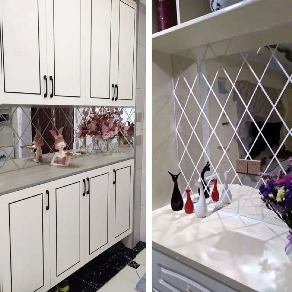 10/17/32/58 قطعة ثلاثية الأبعاد مرآة ملصقات جدار ديكور فني للمنزل DIY بها بنفسك الماس مثلثات المعين ذاتية اللصق الاكريليك لغرفة المعيشة