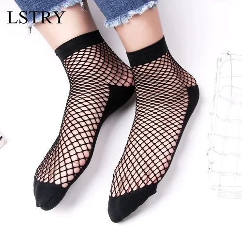 Imagen 2 del producto 1 par de calcetines de moda para mujer, calcetines sexis de rejilla de encaje, calcetines cortos lisos hasta el tobillo, calcetines de rejilla elegantes para mujer, calcetines de malla huecos de primavera