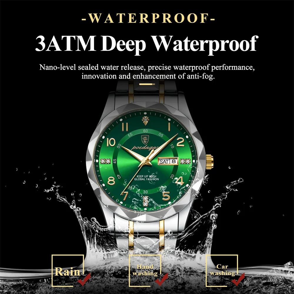 POEDAGAR ساعة يد رجال الأعمال الفاخرة الفولاذ المقاوم للصدأ تاريخ الأسبوع رجل ساعة مقاوم للماء مضيئة موضة ساعات كوارتز بالنسبة لي