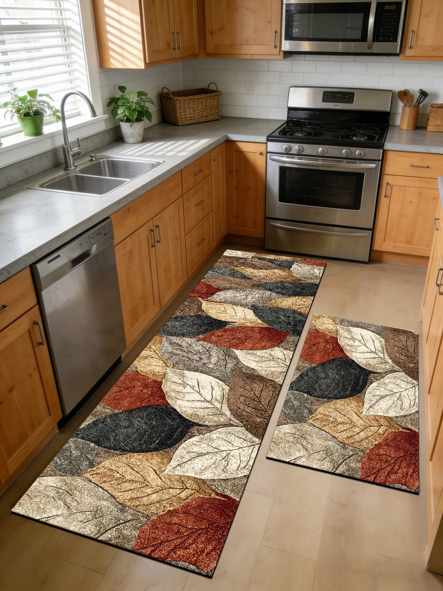 New vintage oil painting autumn leaf print kitchen/bath rugs, non-slip, highly absorbent, washable.