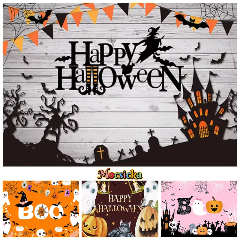 

Happy Halloween Background Photography Pumpkin Party Castle Wooden Wall Children Baby Backdrop Shooting Props Decorations Studio