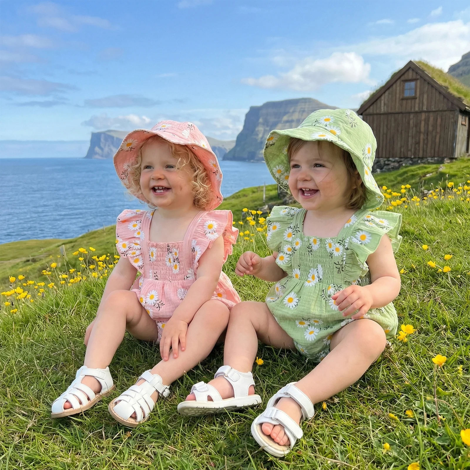 2Pcs Infant Baby Girl Bodysuits Outfit Flying Sleeve Square Neck Floral Print Smocked Romper Hat Set