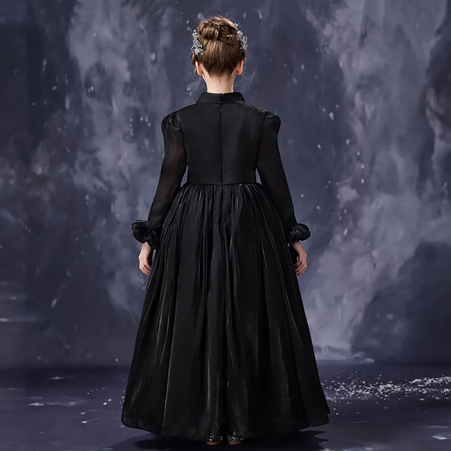 Jill Wish D348 Black Long Sleeve Girls Formal Dress with Bow Tie Neck Elegant Princess Maxi Gown for Party Wedding Pageant