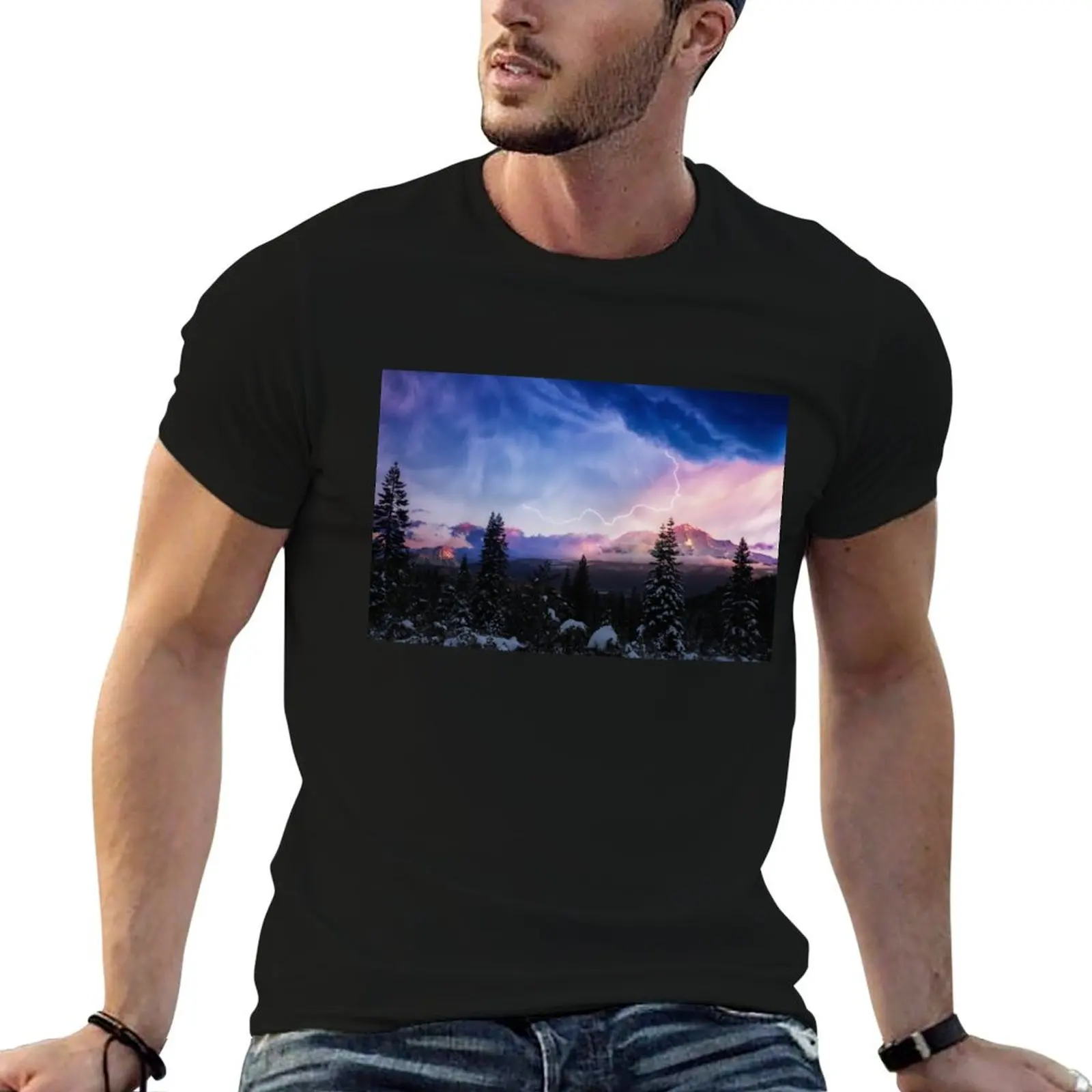 Stormy Skies Lightning Over Mt. Shasta T-Shirt Quick Dry Travel T-Shirt