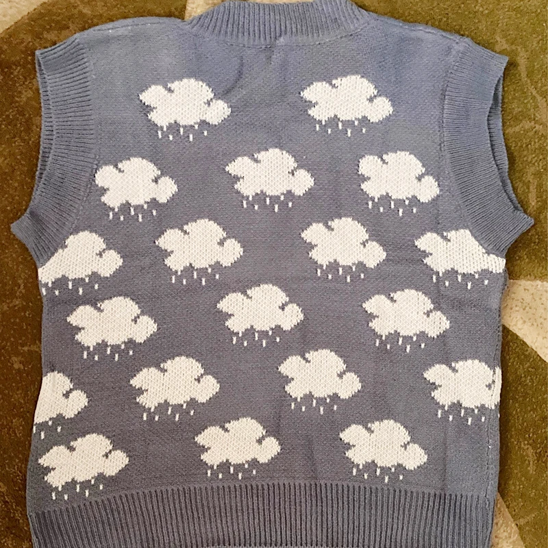 Autumn Knitted Pullover Sweater Vest Women Sleeveless Cloud Print V-neck Sweaters Loose Knit Vest Top Winter Clothes Women 15990