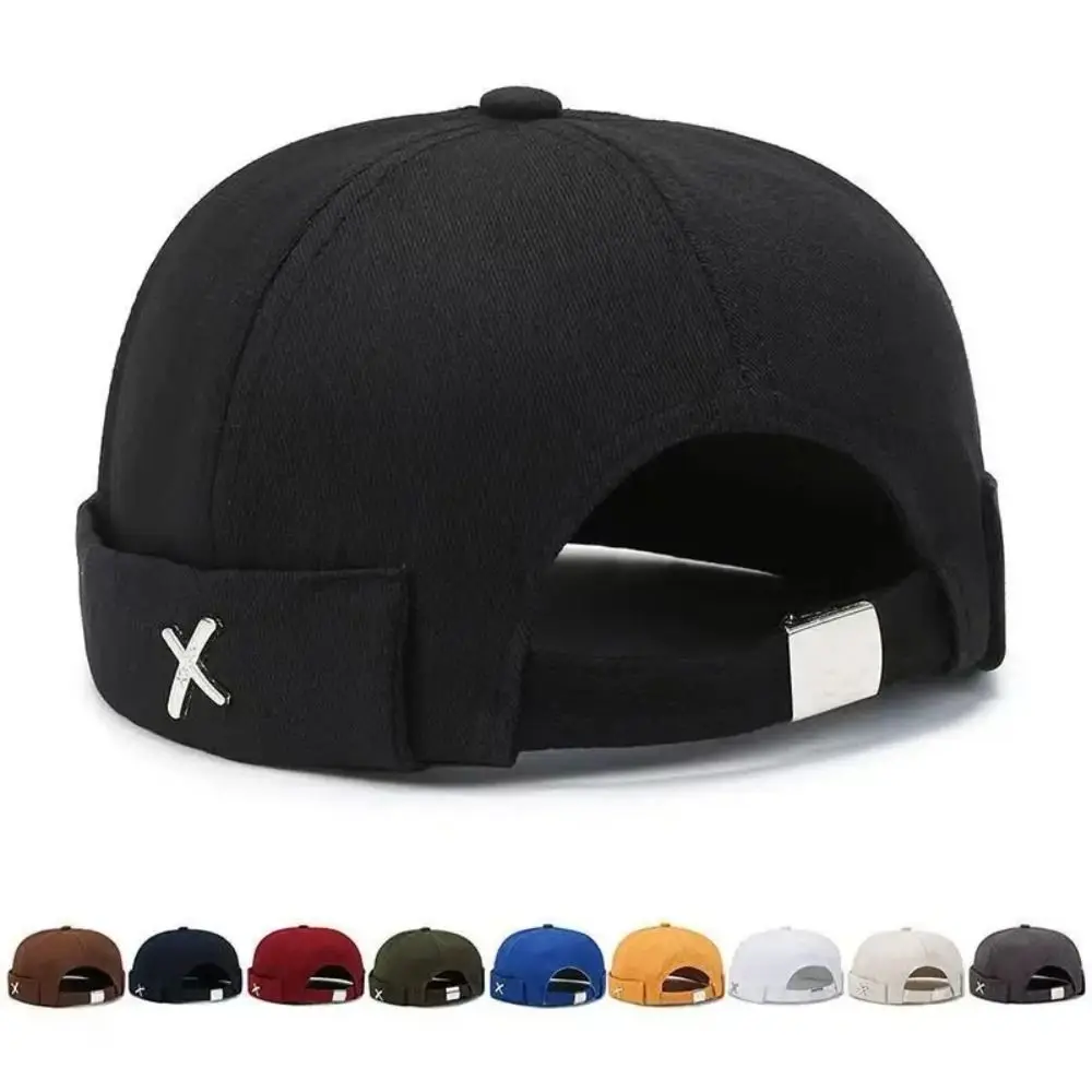 Leisure Vintage Dome Melon Cap Metal X Logo Polyester Beanie Hat Solid Color Hip Hop Brimless Hat All-match