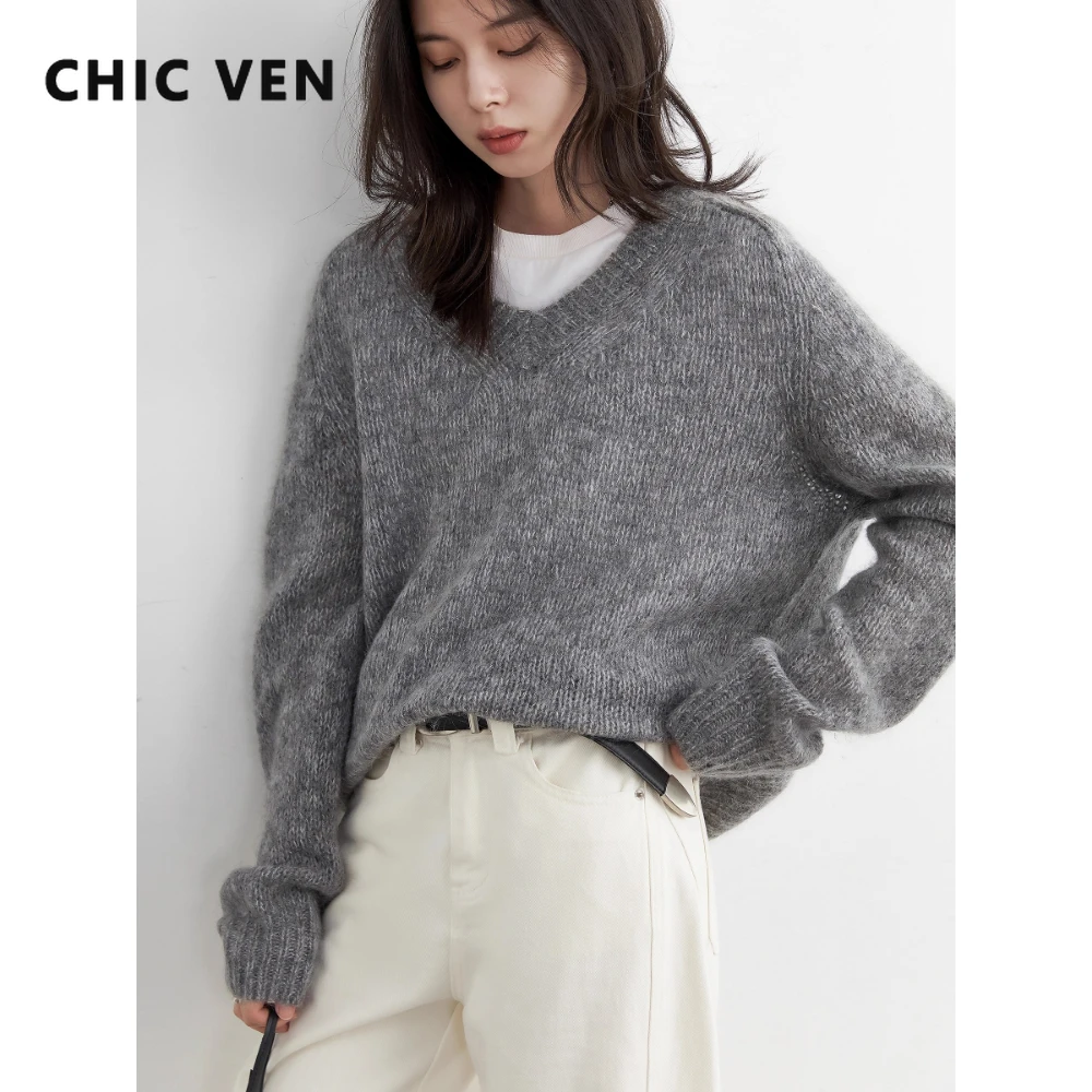 CHIC VEN Korean Women Sweaters Loose Casual Solid New V-neck Mohair Soft Female Knitted Jumpers Pullovers Autumn Winter 2025