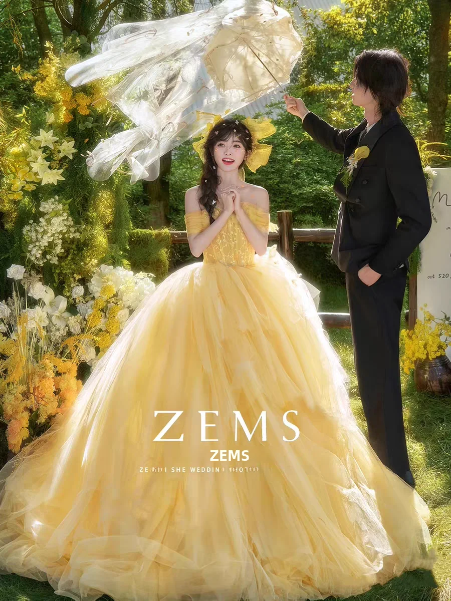 

Yellow Wedding Dr Sweet Princ Sle Travel Photoaphy Studio Costume Bell Princ Fairy T Dr Long Tail Skirt