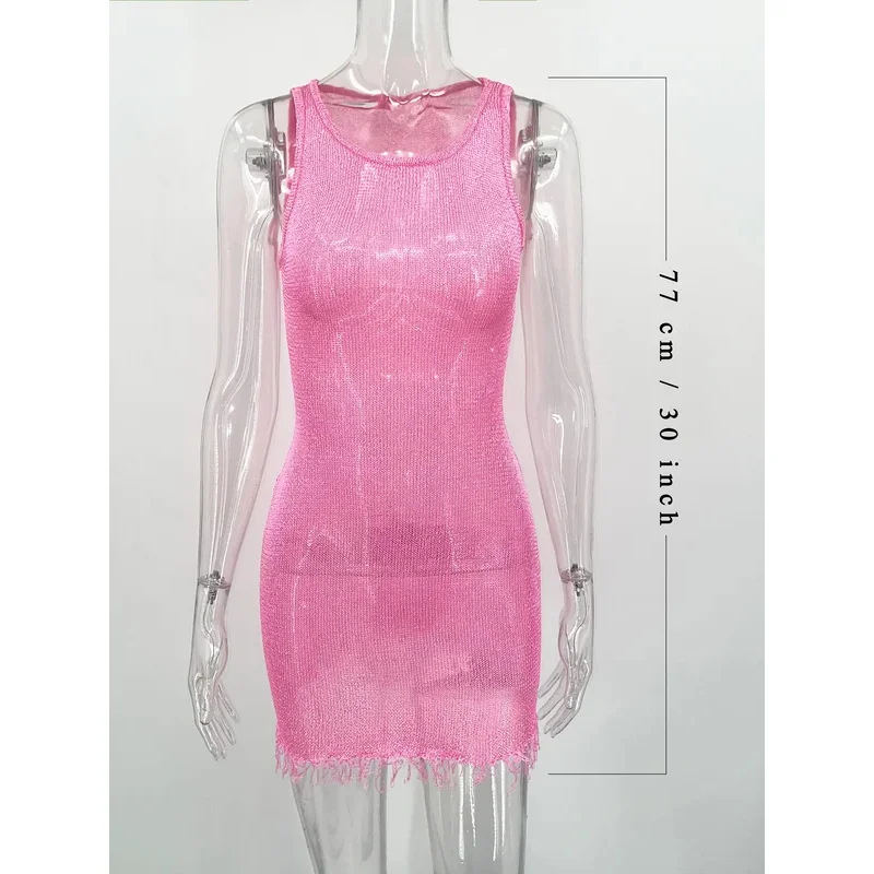 Bonny Fashion przezroczysta seksowna Mini sukienka damska frędzle szczupła bez rękawów Patchwork Hollow Out damska sukienka na imprezę lato 2025 nowość