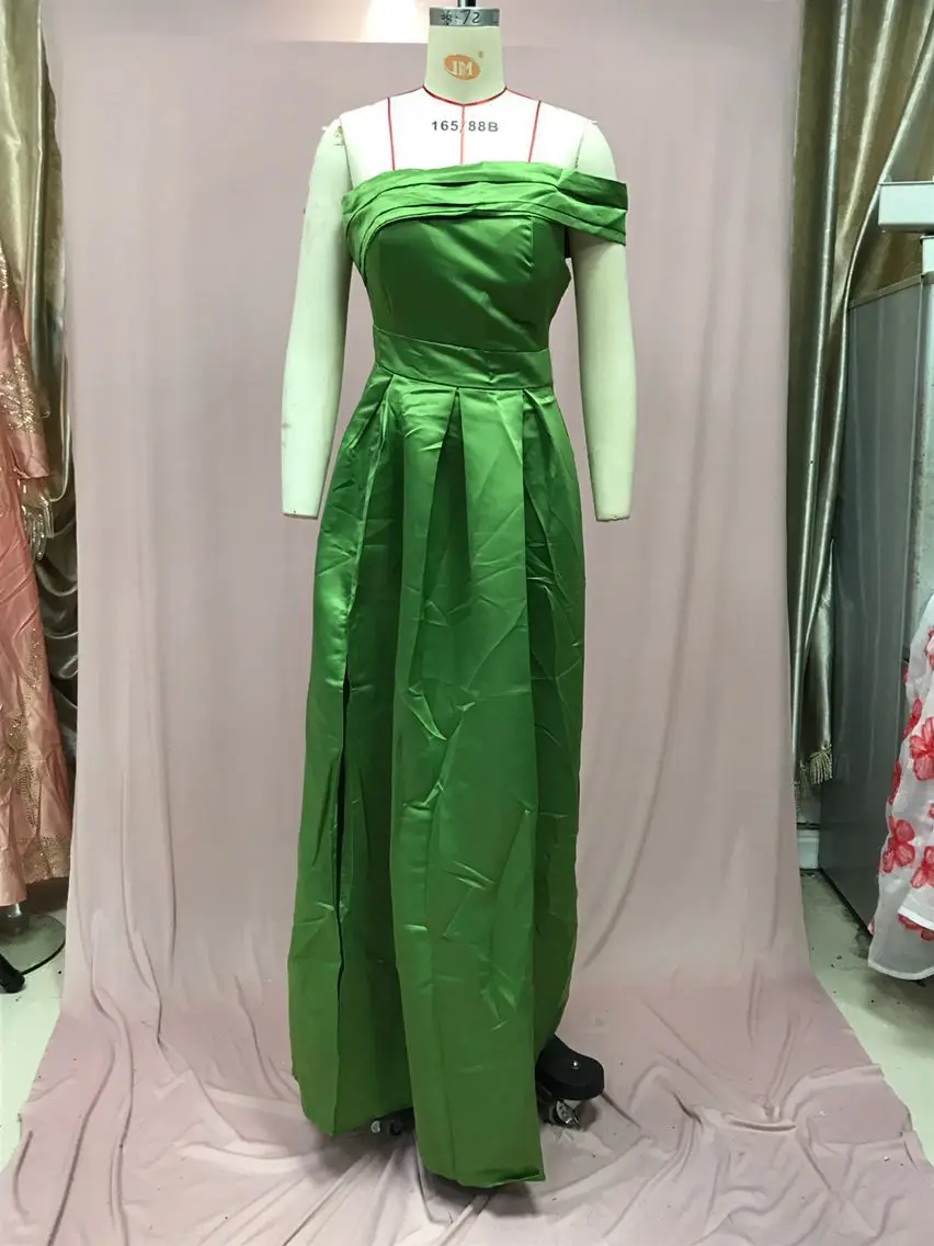 Ladies' One Shoulder Satin Woman Female Evening Dresses Birthday Party, Fluffy Dress, Green Slit Sexy  Multi Color Off Shoulder