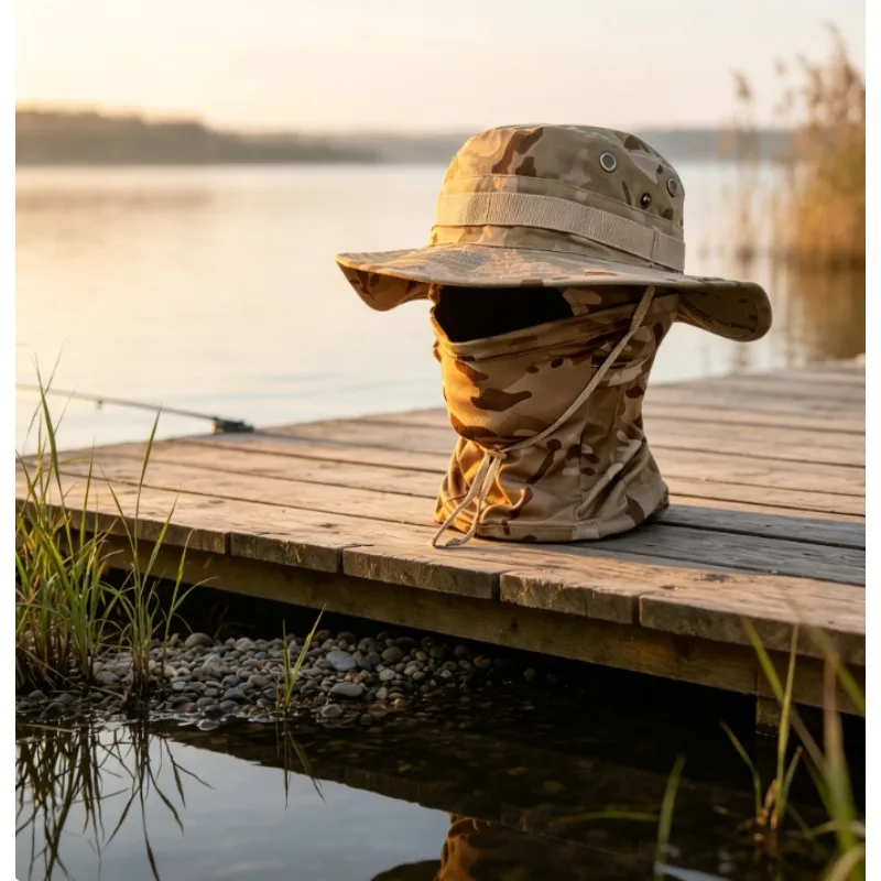 Summer Camo Boonie Hat Lightweight Breathable UV Sun Protection Cap for Men Hiking Camping Tactical Fishing with Face Shield