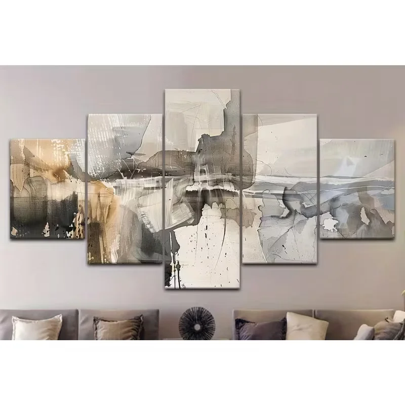 5pcs Frameless Abstract Canvas Art Set | High-Quality Wall Decor for Living Room, Bedroom, Office, Bar - Elegant Geometric & Lan