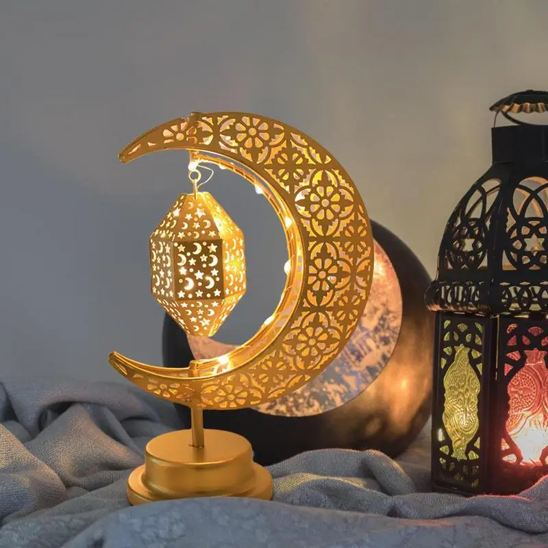 Ramadan Decoratieve Kerstverlichting Iron Art Moon Star Ornamenten Batterij-aangedreven Eid Mubarak Decoratie Tafellamp Ramadan Geschenken