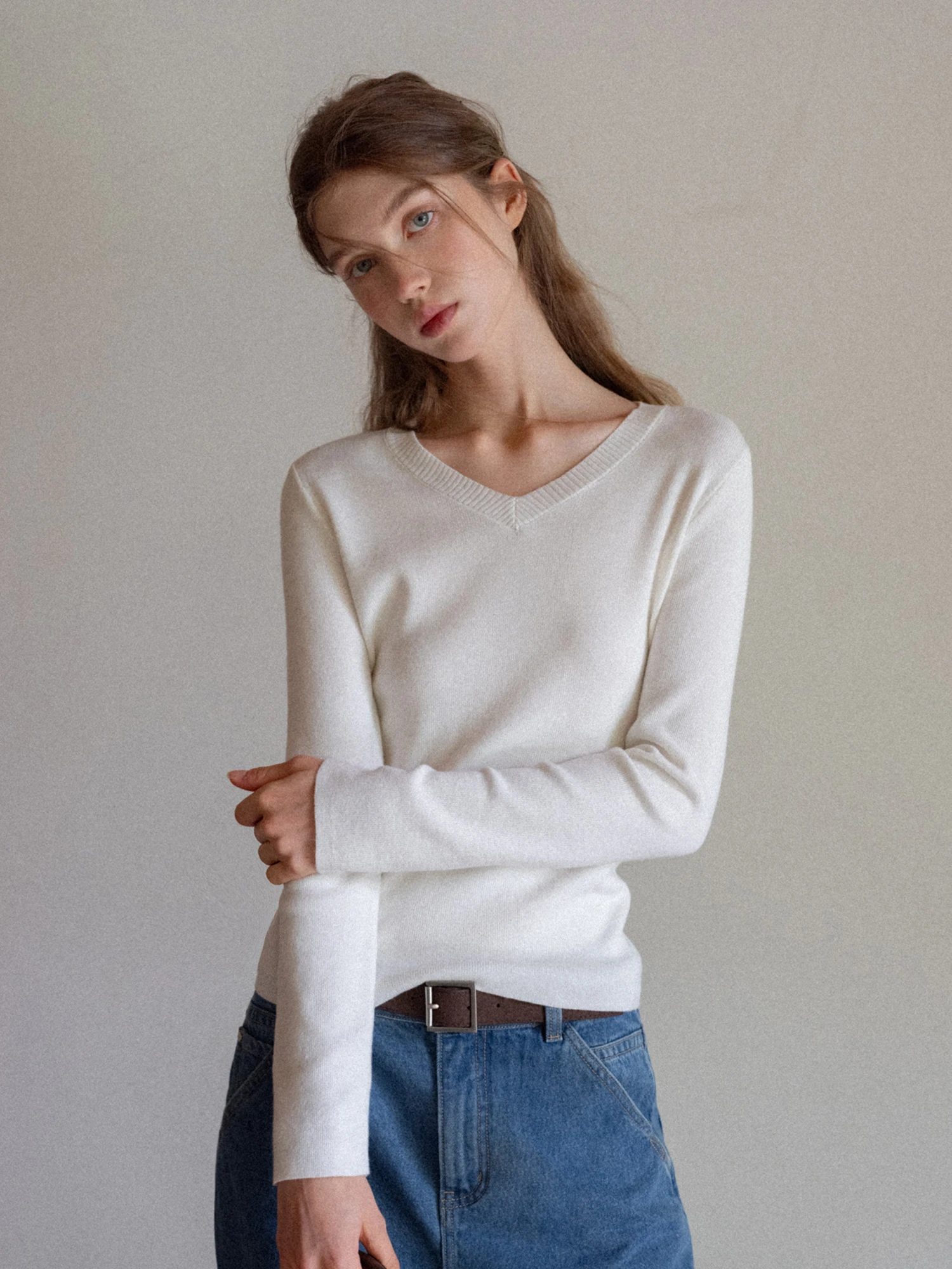 

White Knitted V-Neck Long Sleeve Women's Shirt Casual Comfortable Fitting Polyester Fiber Soft Knitwear Commute Gentle Top