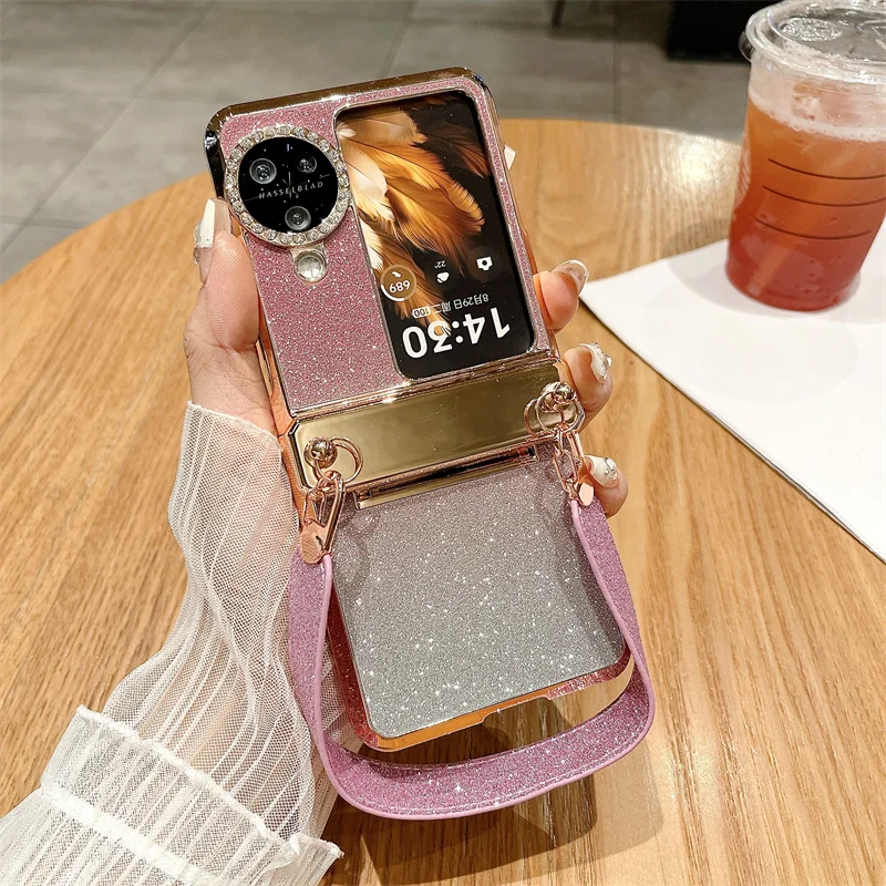 Case For OPPO Find N3 N2 Flip Electroplated Luxury Leather Wristband Lens Hinge Protection Shockproof Anti-Fingerprint Cover