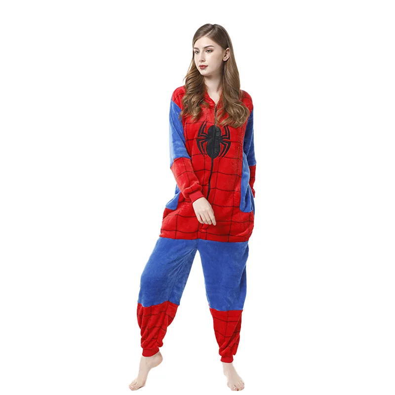 New Flannel Spiderman Pajamas Adult Spider Man Costume Clothes One-piece Nightgown Women\'s Home Hooded Sleepwear Jumpsuit Pijama