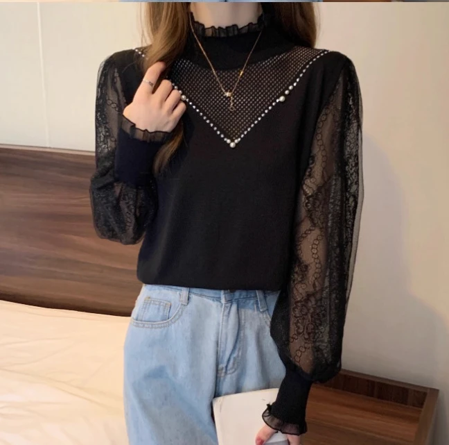 Tamanho grande renda emenda manga longa semi-gola alta camisa de fundo outono inverno nova moda feminina versátil camisola de malha