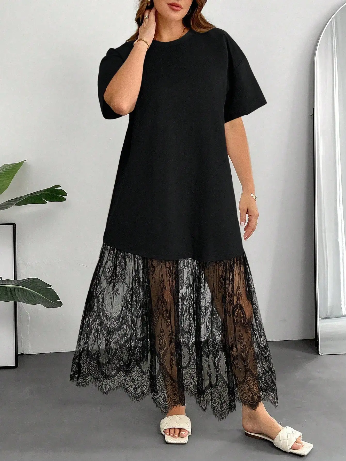 

Plus Size Long Dress For Women 2 In 1 Lace Patchwork See Through Dress Summer Elegant Casual