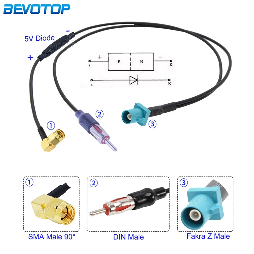 

Fakra Z Male 90 Degree to SMA Male & DIN FM Male Y Type Splitter Cable With Diode RG174 Pigtail Car GPS Antenna Extension Cable