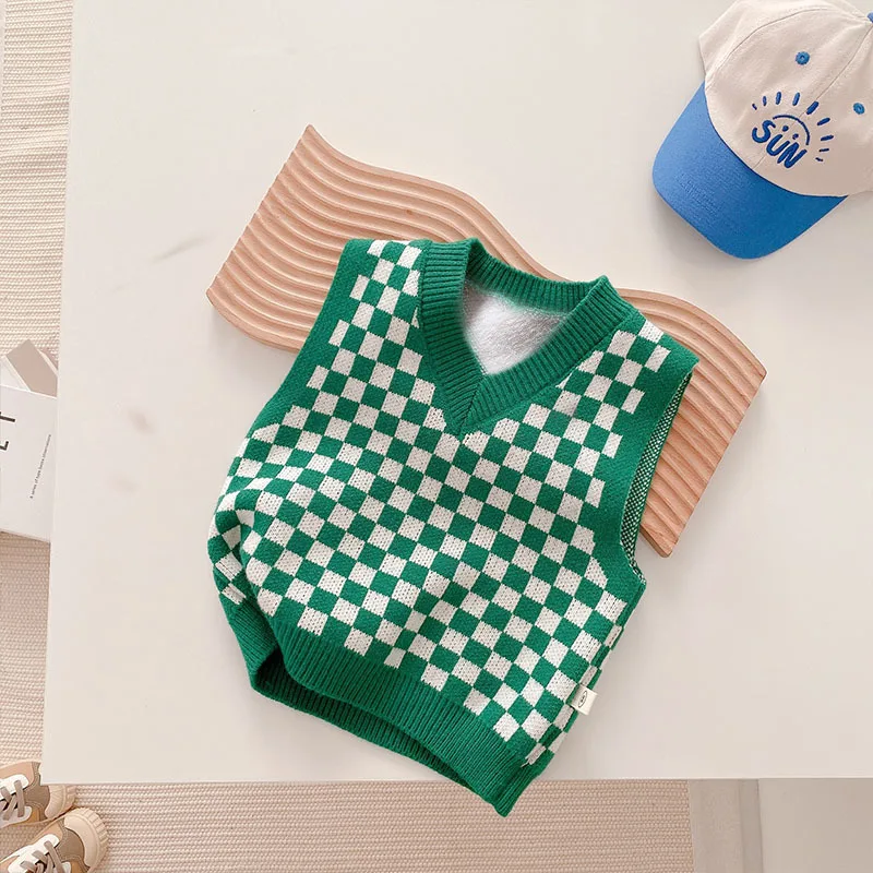 

Детский осенний жилет 2025, новый модный повседневный свитер без рукавов в шахматном порядке для девочек и мальчиков, весенне-зимние универсальные жилеты