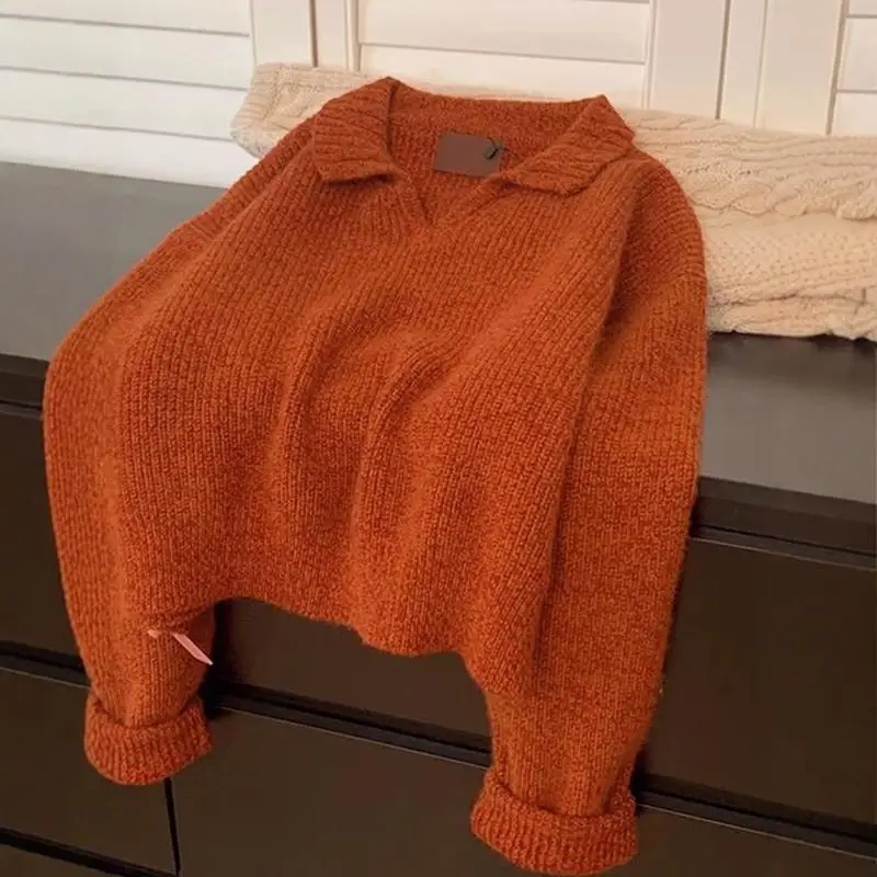 

Мягкий уютный оранжевый вязаный свитер свободного кроя для женщин, с длинным рукавом, в повседневном стиле, стандартной длины, производство Китай