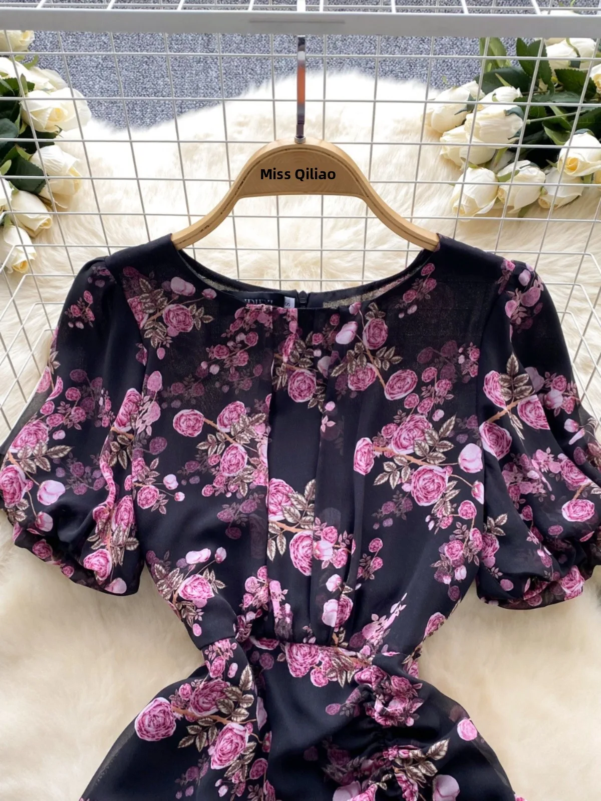 Romantic Floral Print Women's Dr Summer Bubble Sve Asymmetrical Design Luxury Fi Tail Long Gown High Waist A-Line Skirt