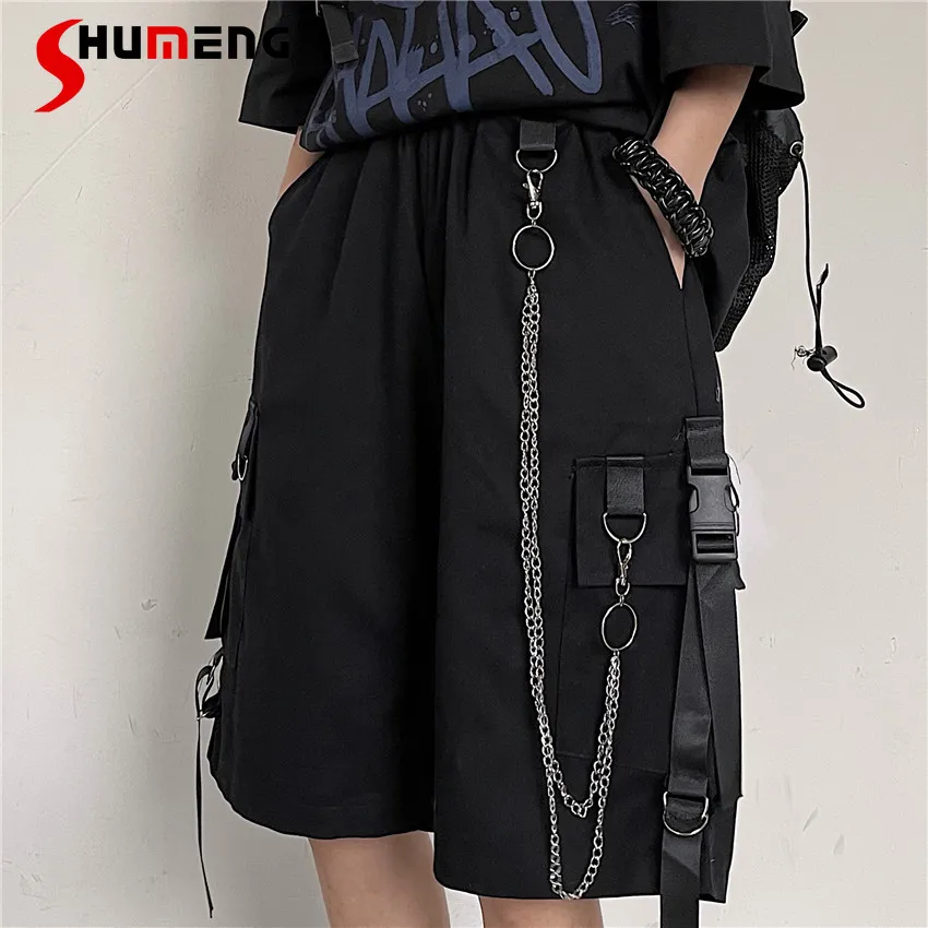 

Summer Korean Fashion Chain Black Tooling Five-point Pants Women Japanese High Waist Loose Wide Leg Shorts Student Casual Shorts