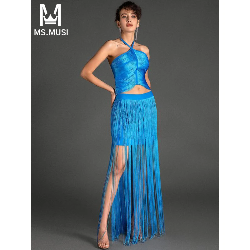 

MSMUSI 2024 New Fashion Women Sexy Halter Tassels Sleeveless Backless Bandage Bodycon Party Club Event Slim Maxi Dress Long Gown