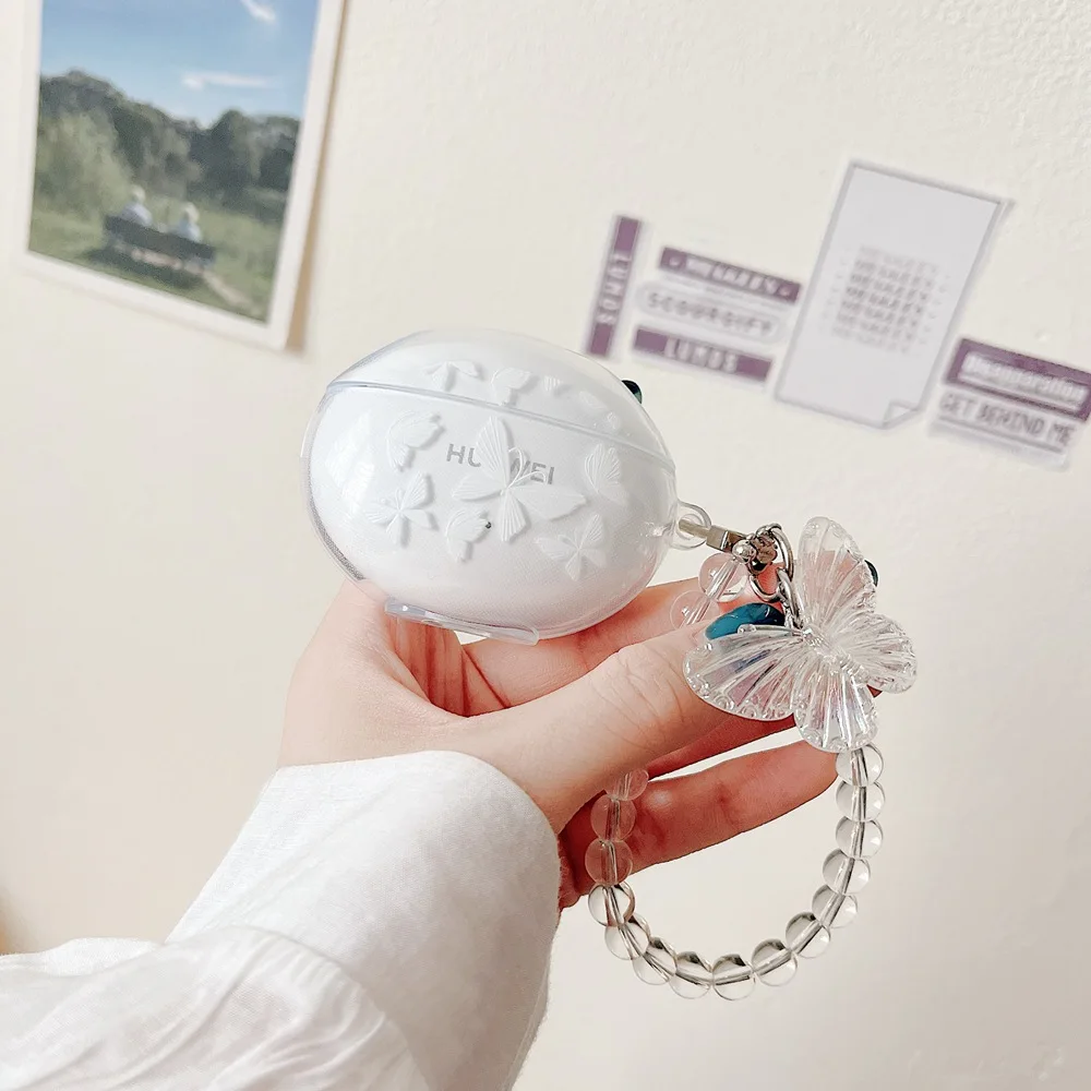 Cute Butterfly Funda for Huawei Freebuds Pro Case Soft Clear Earphone Accessorie Cover Freebuds 5i 4i 4 Case Pendant Pearl Chain