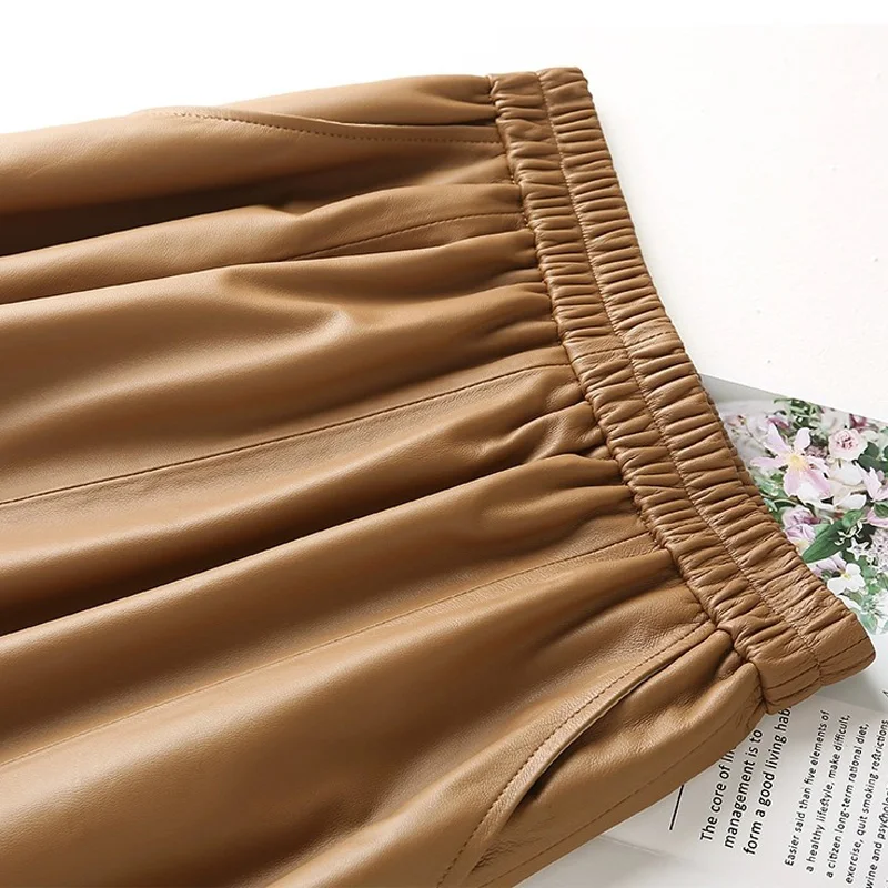 Casual Leather Skirt For Women Harajuku Lazy Style A-line Pockets Pleated Calf Long Jupe Femme Elastic Waist Beige Ropa Coreana