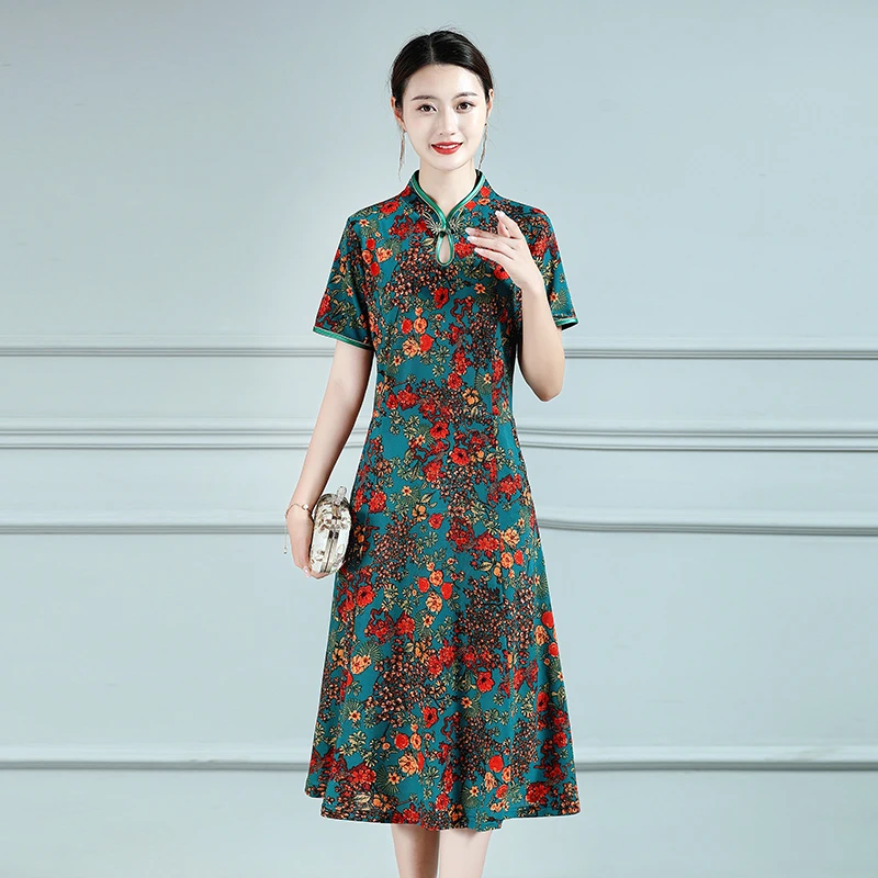 New Print Flower Dress Women Short Slim Cheongsam Chinese Traditional Stretch Dress Rayon Qipao Vestidos