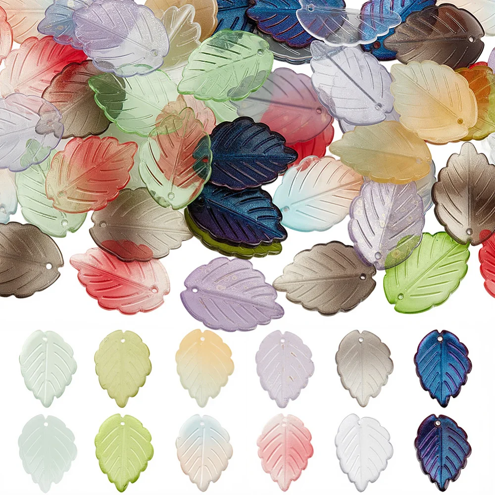 1 Box 70PCS Leaf Glass Beads Clear Tree Leaves Transparent Czech Mixed Color Electroplate Frosted Plant Loose Spacer Bead Charm